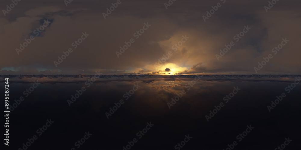 Obraz premium Aerial 360 VR Panorama of Mountain Landscape Nature Background. Sunset