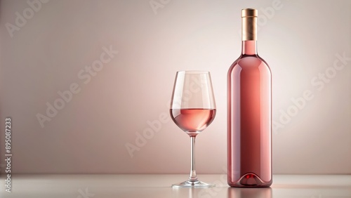 A Single Glass of Rose Wine with a Bottle in the Background, still life , pink wine, glass, bottle, rose wine , wine glass photo