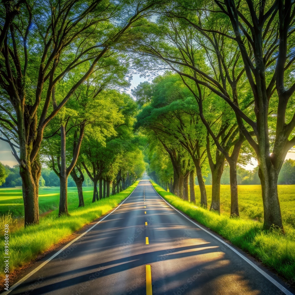 Fototapeta premium A Sunlit Road Through a Canopy of Trees, Digital Painting, Scenic Road, Green Trees, Sunlight, Road Trip, Nature Photography