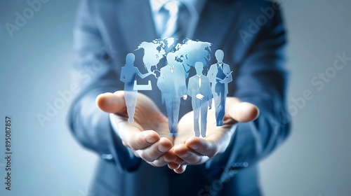 HR Recruitment and Global Talent Network in Business Hands. Generative AI 　手の中の人材ネットワークで採用・タレント獲得を表現。