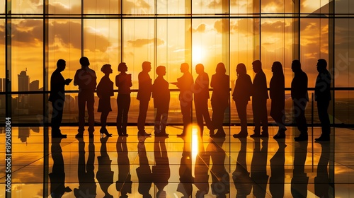 A group of business people are meeting in a modern office. The sun is setting outside the windows, casting a warm glow over the room. photo