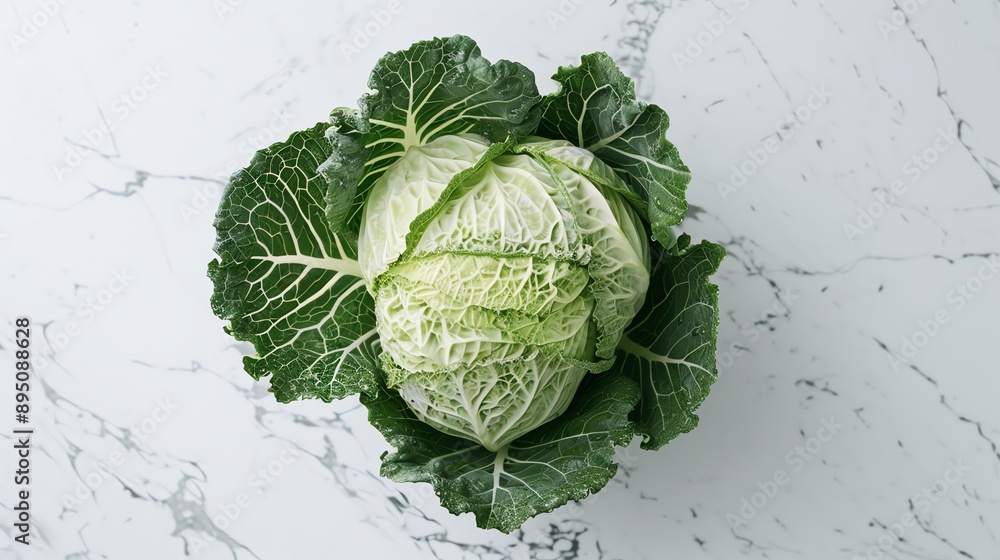 Fototapeta premium A large, green cabbage sits on a white marble surface. The cabbage is surrounded by its large, green leaves.