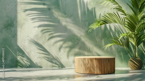 Minimal modern display podium with wooden base, green backdrop, and palm leaves in sunlight photo