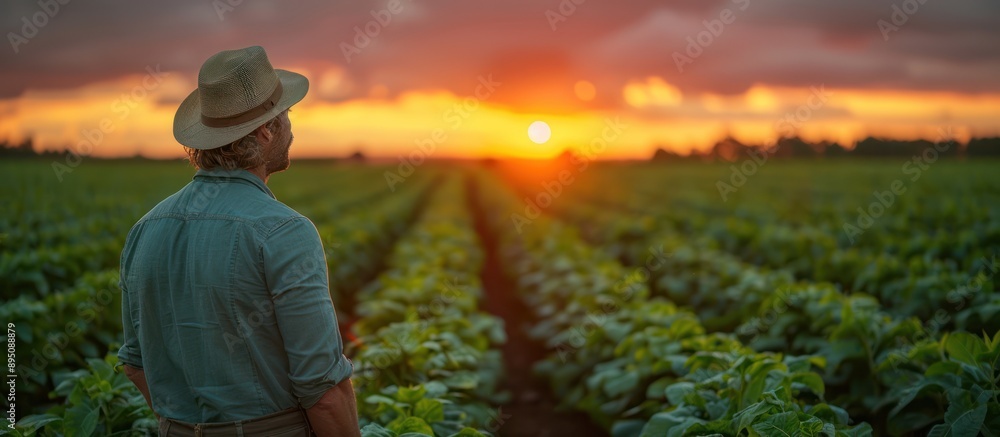 Fototapeta premium Farmer Gazing at the Setting Sun Over His Crops