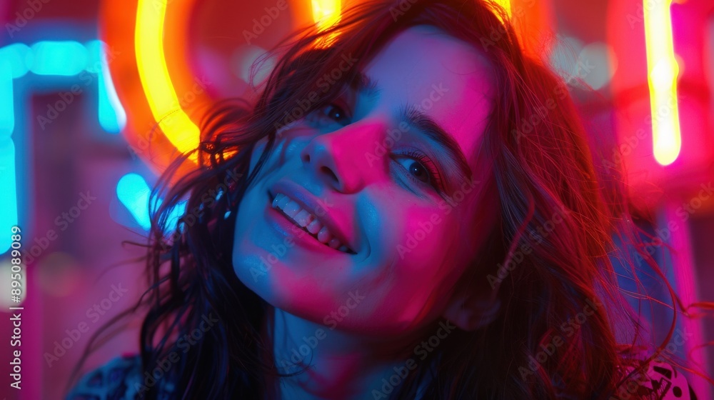 Woman Smiling Under Neon Lights Woman Smiling Under Neon Lights