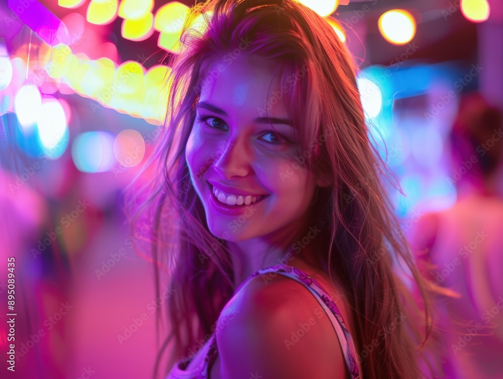Woman Smiling in Neon Lights at Night Woman Smiling in Neon Lights at Night
