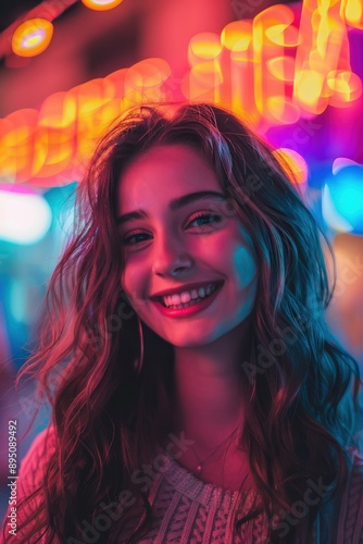 Woman Smiling Under Neon Lights © BrandwayArt