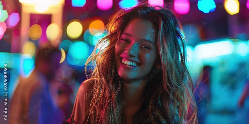 Woman Smiling At Night Under Colorful Lights Woman Smiling At Night Under Colorful Lights