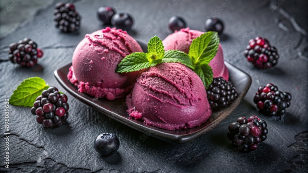 Blackberry Sorbet with Mint, 3 Scoops on Black Plate with Berries, Food Photography, Sorbet, Blackberry, Dessert, Food Styling Blackberry Sorbet with Mint, 3 Scoops on Black Plate with Berries, Food Photography, Sorbet, Blackberry, Dessert, Food Styling