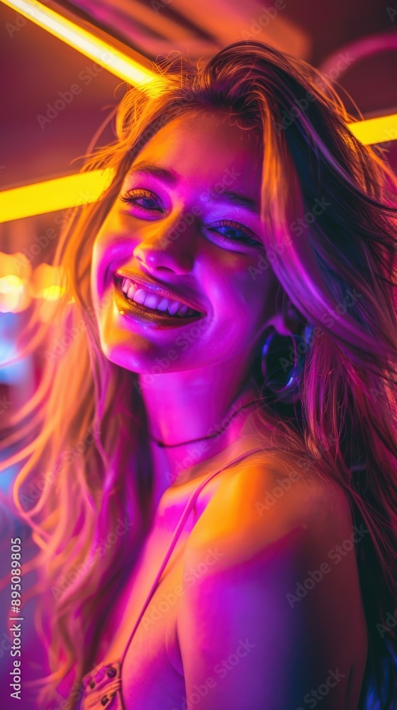 Fototapeta premium Woman Smiling Under Neon Lights