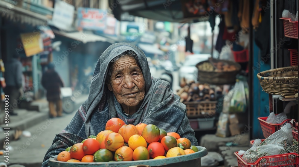 An old woman wearing a headscarf is selling fruits in a market. She is looking at the camera with a smile on her face. An old woman wearing a headscarf is selling fruits in a market. She is looking at the camera with a smile on her face.