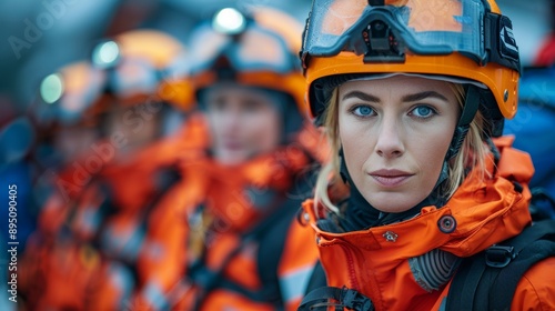 Close Up Portrait of a Female Search and Rescue Team Member in Orange Gear