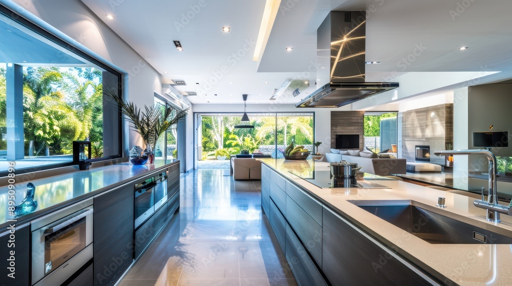 Modern kitchen showcasing a clean countertop with chrome faucet and potted plants by large windows. Modern kitchen showcasing a clean countertop with chrome faucet and potted plants by large windows.