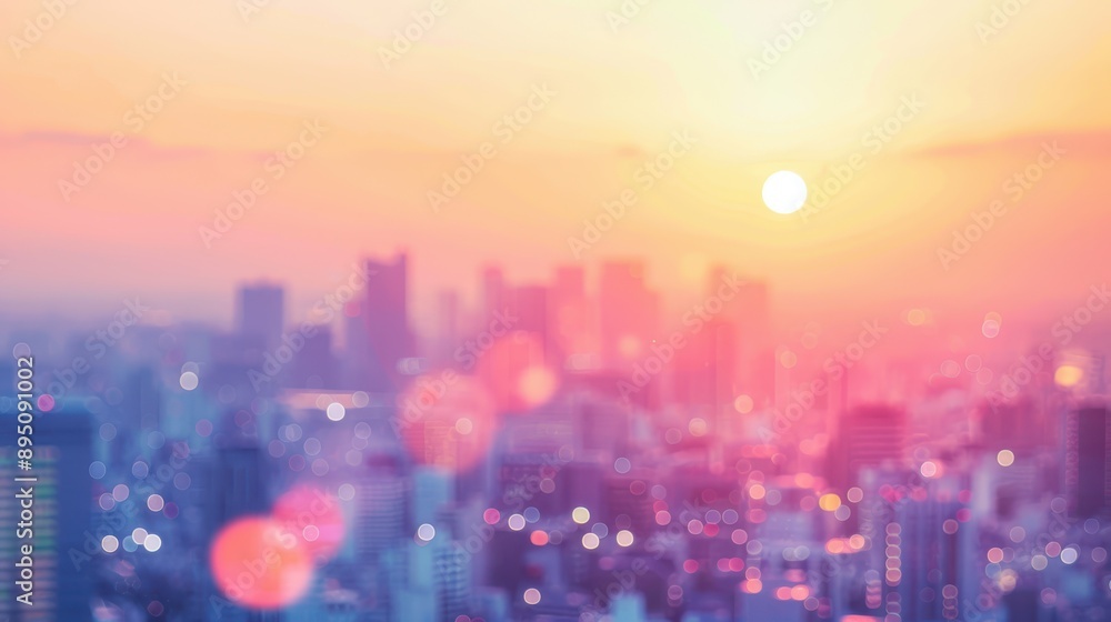 Abstract blurred cityscape at sunset, featuring a vibrant, warm color palette with hues of orange, pink, and purple.