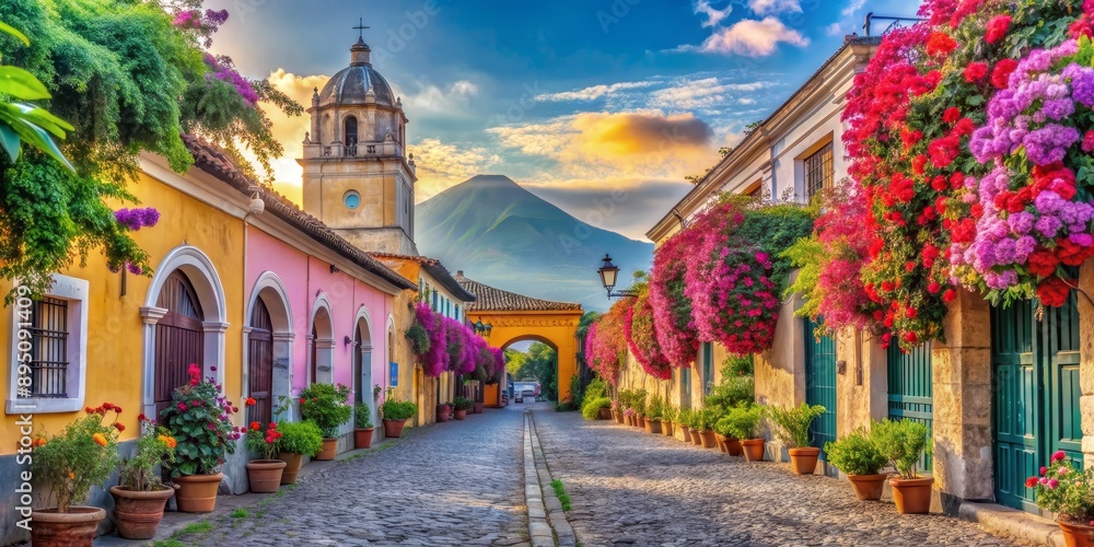 Obraz premium Colorful Cobblestone Street with Church and Mountain, Guatemala , Antigua , Architecture , Travel