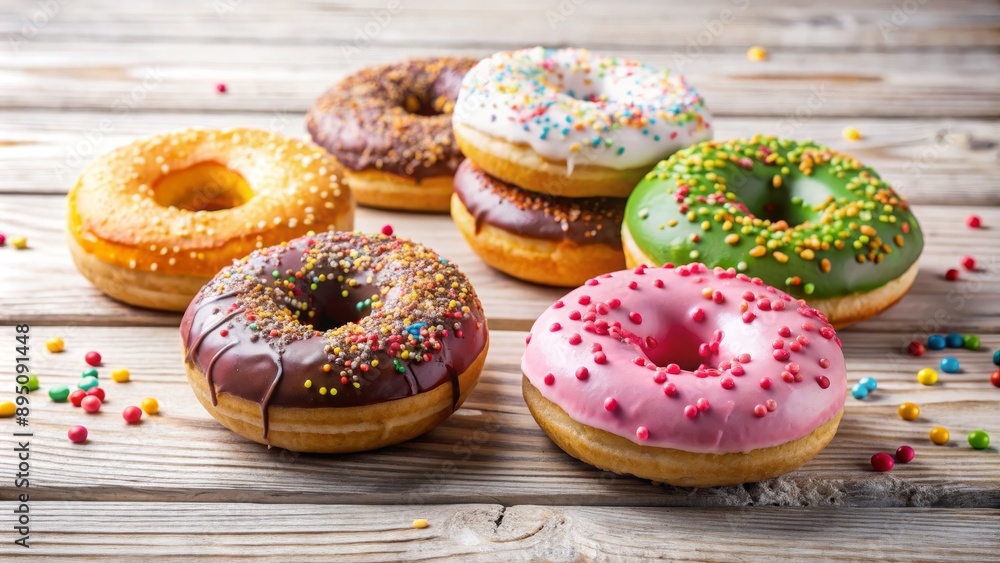 Colorful Glazed Donuts with Sprinkles on a Wooden Table, donut, pastry, sweets, bakery Colorful Glazed Donuts with Sprinkles on a Wooden Table, donut, pastry, sweets, bakery