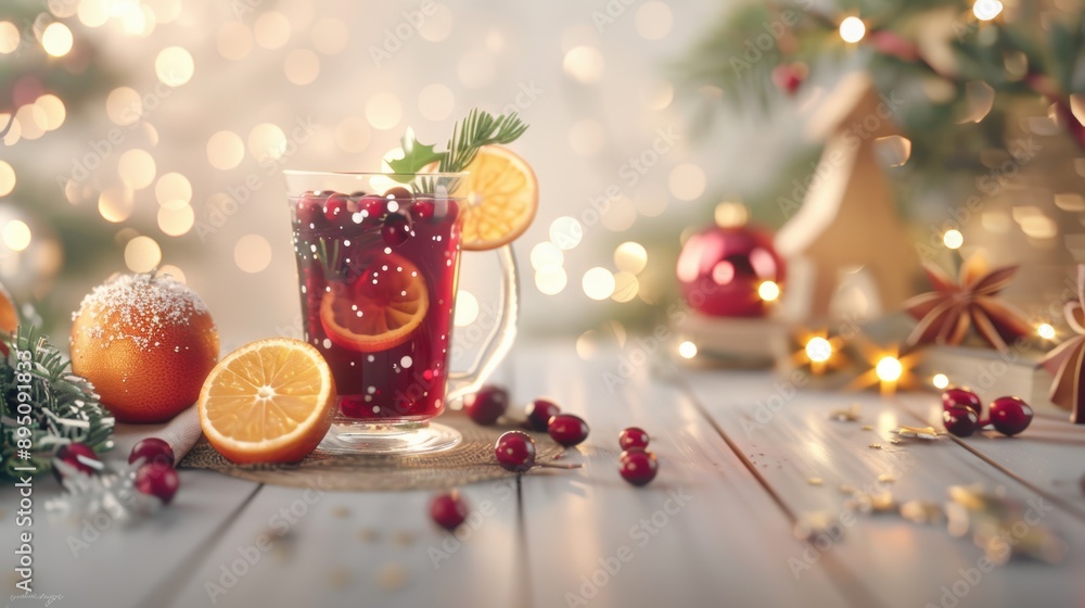 Sparkling holiday drink with cranberries and orange slices, surrounded by fairy lights and bokeh. Festive and joyful celebration atmosphere. Sparkling holiday drink with cranberries and orange slices, surrounded by fairy lights and bokeh. Festive and joyful celebration atmosphere.
