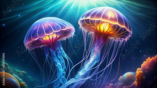 Cosmic Jellyfish Dance, Digital Art, Underwater, Glowing, Space , jellyfish, underwater