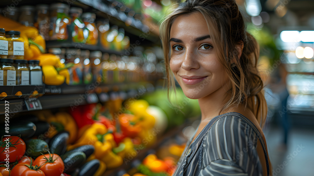 A smiling woman shopping in a grocery store, standing by the fresh produce aisle filled with colorful vegetables and spices A smiling woman shopping in a grocery store, standing by the fresh produce aisle filled with colorful vegetables and spices
