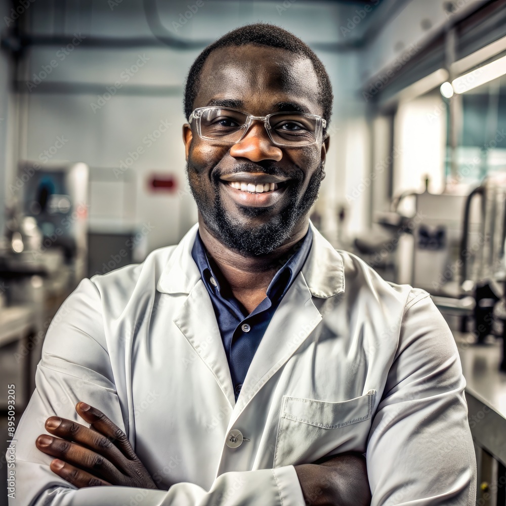 Smiling Black Man in a Lab Coat With Arms Crossed in a Laboratory Setting. Generative AI Smiling Black Man in a Lab Coat With Arms Crossed in a Laboratory Setting. Generative AI
