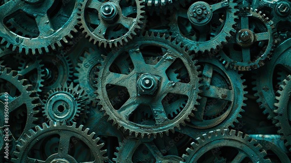 Close-up of a pile of different gears with metallic tint. Abstract technical background. Illustration for banner, poster, cover, brochure or presentation. Close-up of a pile of different gears with metallic tint. Abstract technical background. Illustration for banner, poster, cover, brochure or presentation.