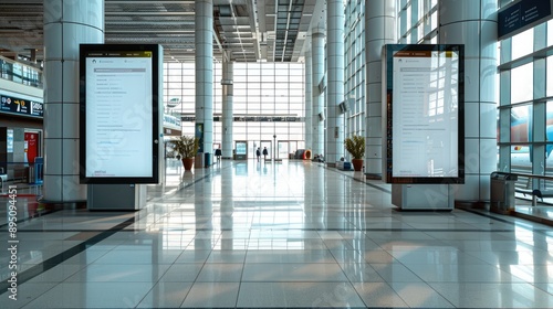 Blank Billboards in Modern Airport Terminal - Ideal Advertising Space for Commercial Promotions, Travel Campaigns, and Marketing Strategies - High-Resolution Image with Open Interior