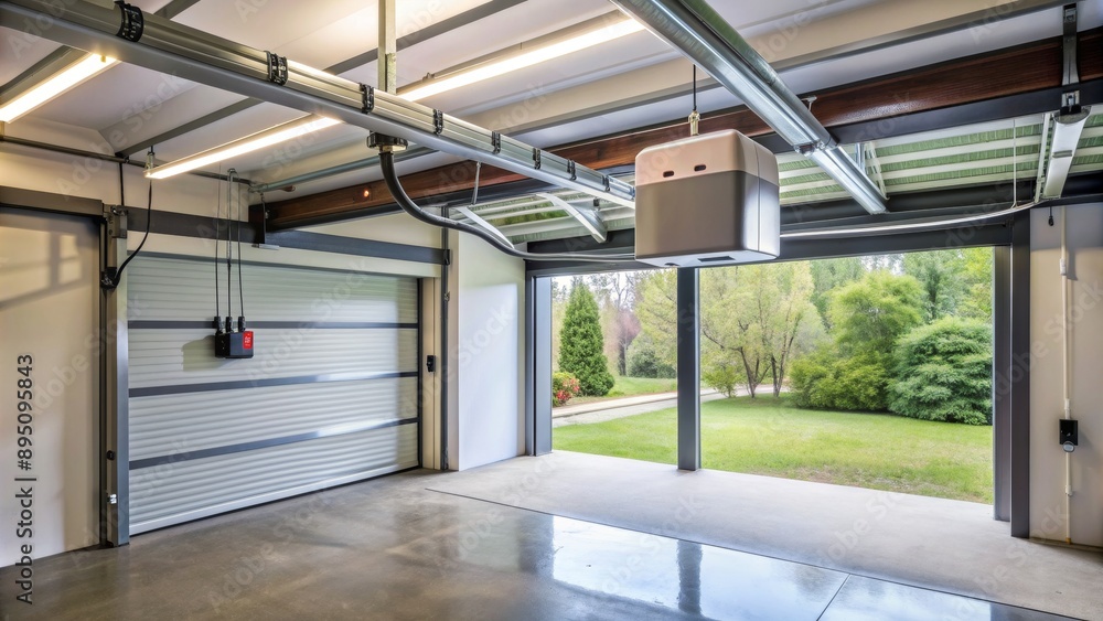 Fototapeta premium Modern Garage Interior with Open Doorway, Light Fixtures and Polished Concrete Floor, garage, interior, door, concrete