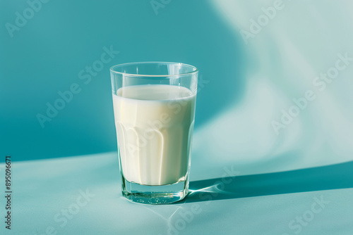 Milk in a clear glass on a blue background.