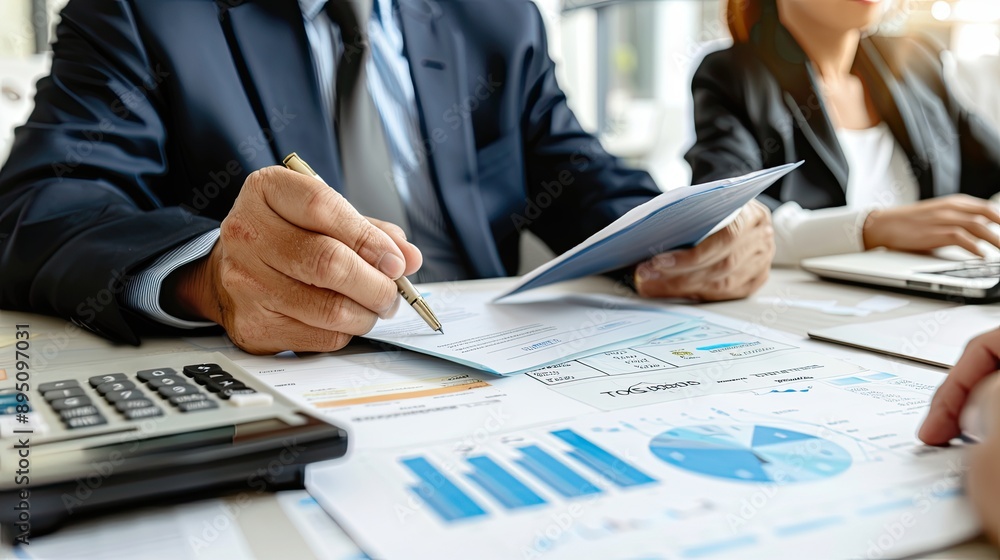 Business Analyst. Study of financial statements. Man in suit working on documents with charts. The concept of professionalism and attention. Illustration for poster, cover, brochure or presentation. Business Analyst. Study of financial statements. Man in suit working on documents with charts. The concept of professionalism and attention. Illustration for poster, cover, brochure or presentation.