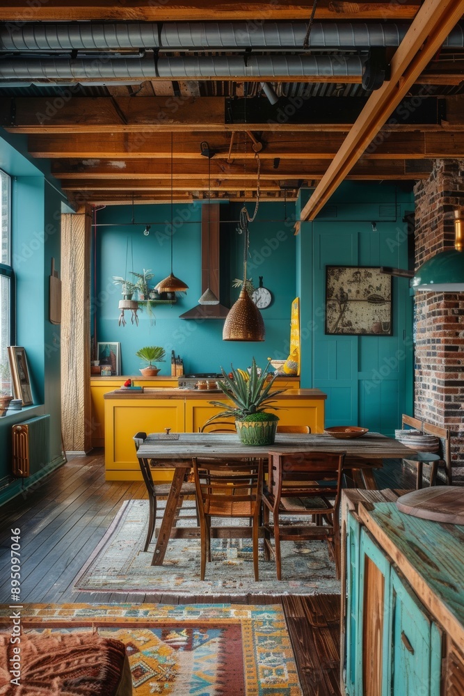 Interior of a loft-style kitchen with yellow walls and wooden floor Interior of a loft-style kitchen with yellow walls and wooden floor