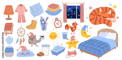 Good night vector hand drawn illustrations set. Bedtime sleeping hygiene objects, characters and accessories on dark background