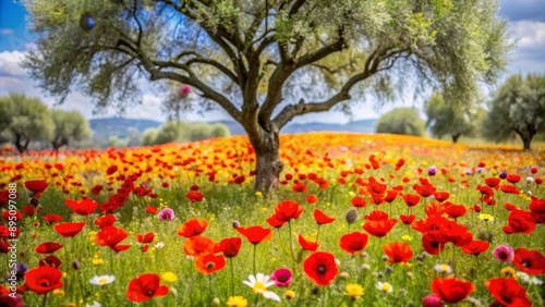 Poppy Field Under Olive Tree, Spring Landscape, Nature Photography, Blooming Flowers, Red Poppies, Wildflowers , spring