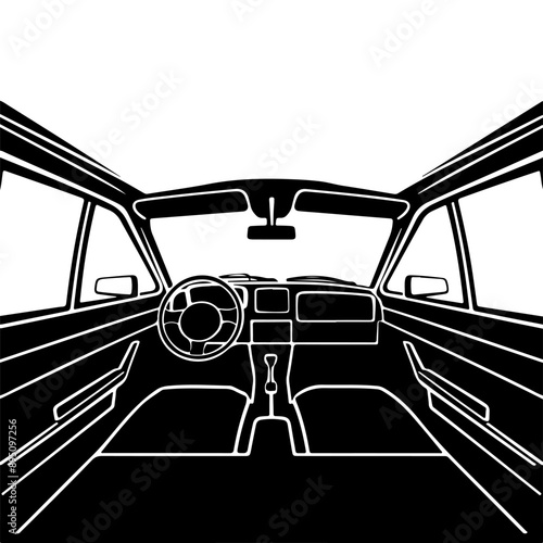 A convertible car, view from inside the cabin. Vector monochrome illustration on the theme of transportation and geometry and shapes of the car body