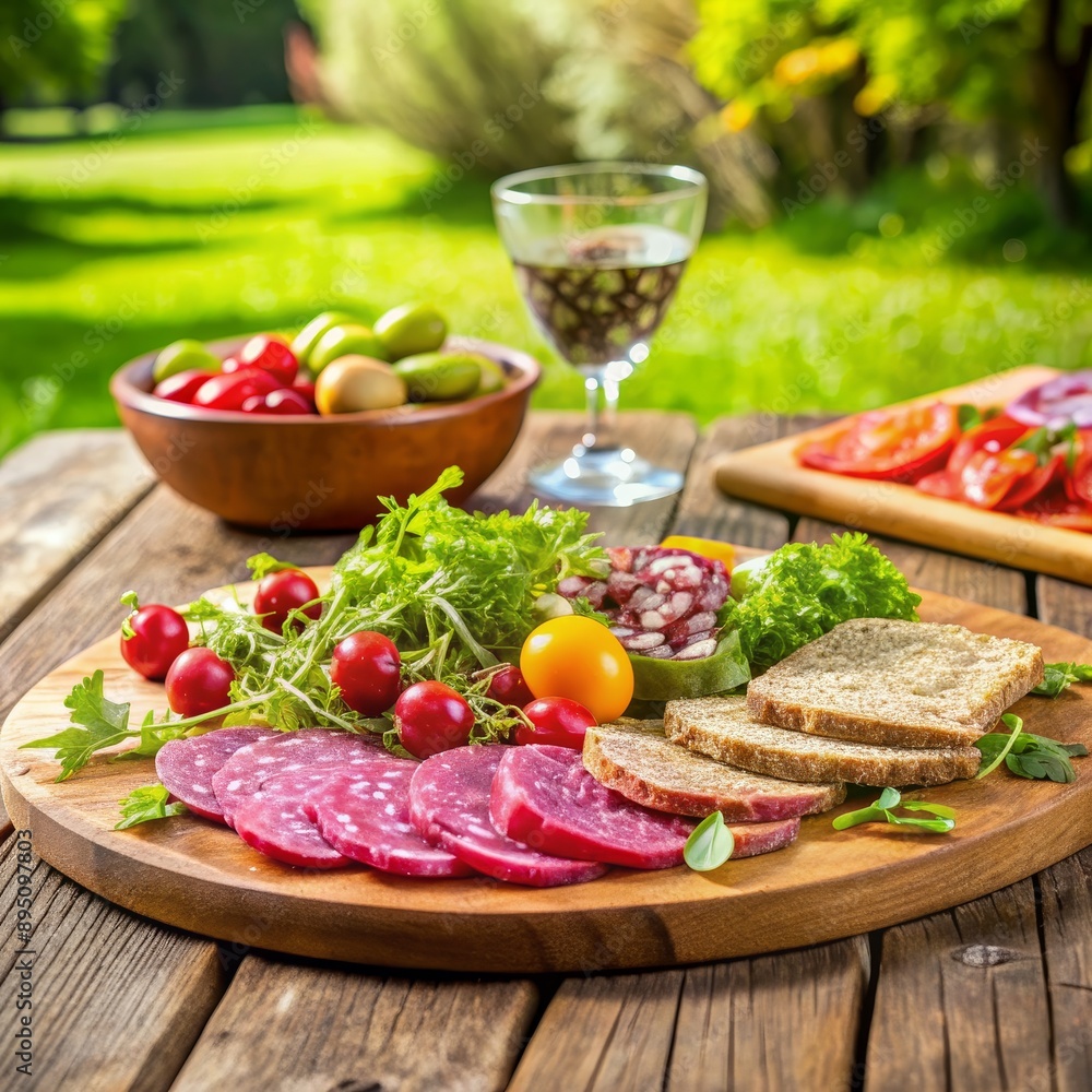 Rustic Salami and Bread Board with Tomatoes and Greens, Picnic , Food , Gourmet , Summer Rustic Salami and Bread Board with Tomatoes and Greens, Picnic , Food , Gourmet , Summer