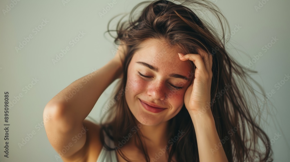 Smiling woman with freckles touching her hair Smiling woman with freckles touching her hair