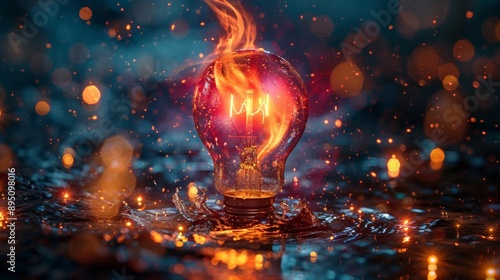 A Burning Lightbulb Immersed in Water With Sparkling Bokeh