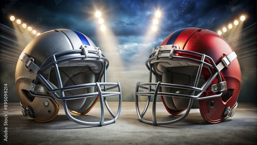 Fototapeta premium Silver and Red Football Helmets Under Stadium Lights, American Football, Sports, Game, Competition