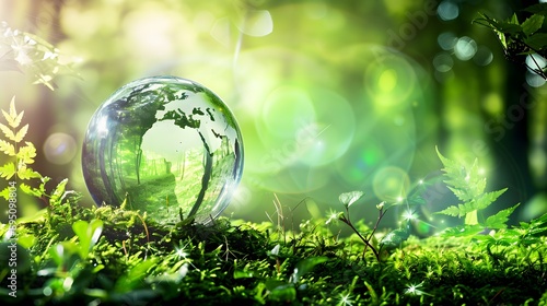 A glass sphere containing the earth, sitting on moss in a forest, surrounded by green plants and trees, sunlight shining through leaves.