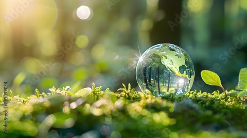 A glass sphere containing the earth, sitting on moss in a forest, surrounded by green plants and trees, sunlight shining through leaves.