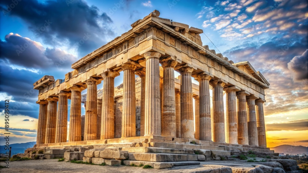 The Temple of Poseidon at Sunset, Golden Hour, Ancient Greek Architecture, Corinthian Columns, Dramatic Sky, Greece, History The Temple of Poseidon at Sunset, Golden Hour, Ancient Greek Architecture, Corinthian Columns, Dramatic Sky, Greece, History
