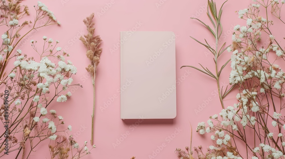 Blank notebook on pink background with dried flowers Blank notebook on pink background with dried flowers