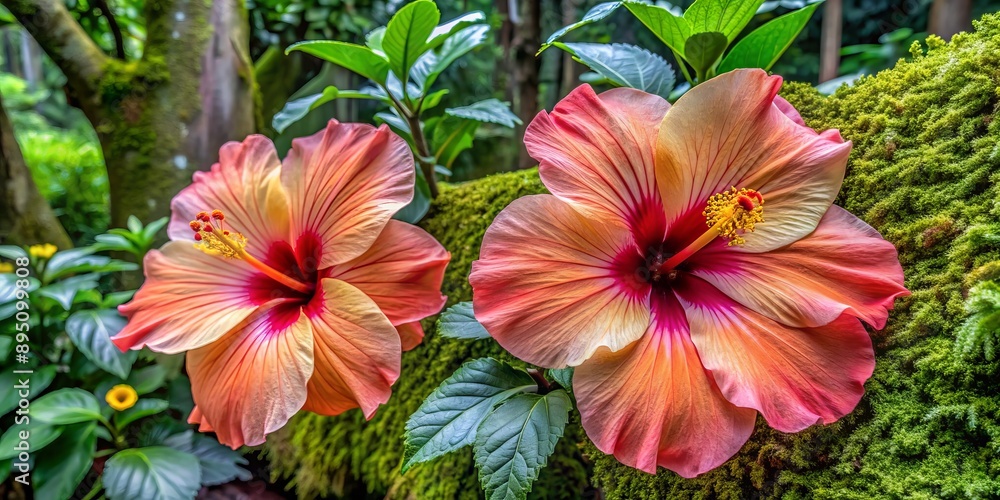 Two Hibiscus Blossoms in a Green Jungle, Lush Greenery, Tropical Flower, Vibrant Colors, Nature, Bloom, Garden Two Hibiscus Blossoms in a Green Jungle, Lush Greenery, Tropical Flower, Vibrant Colors, Nature, Bloom, Garden