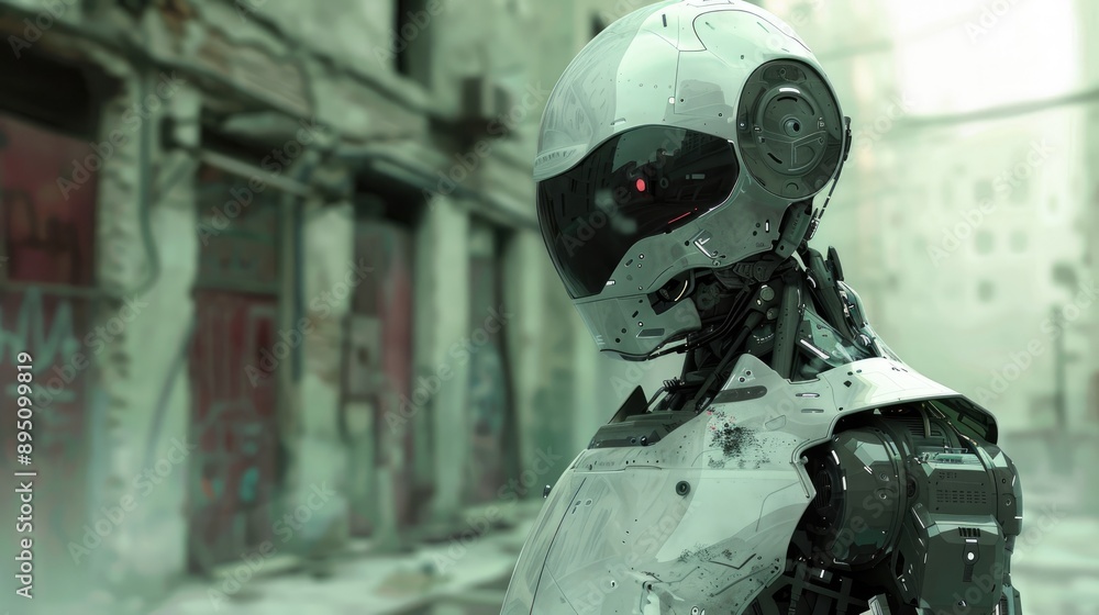 Advanced humanoid with bio-cybernetic enhancements in an urban environment. Advanced humanoid with bio-cybernetic enhancements in an urban environment.