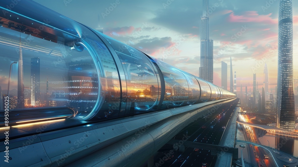 Naklejka premium Hyperloop transportation system in a futuristic city