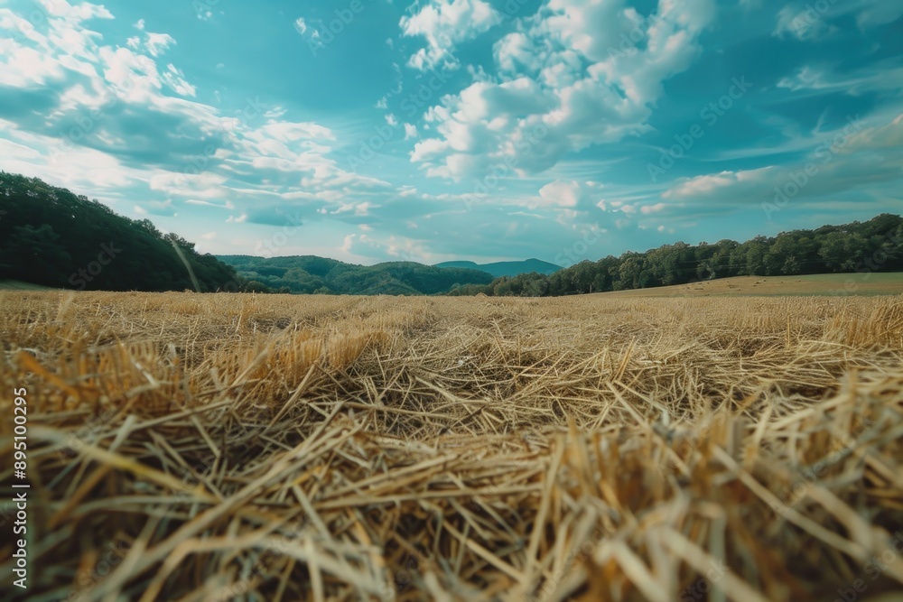Fototapeta premium Dry grass landscape with mountain backdrop