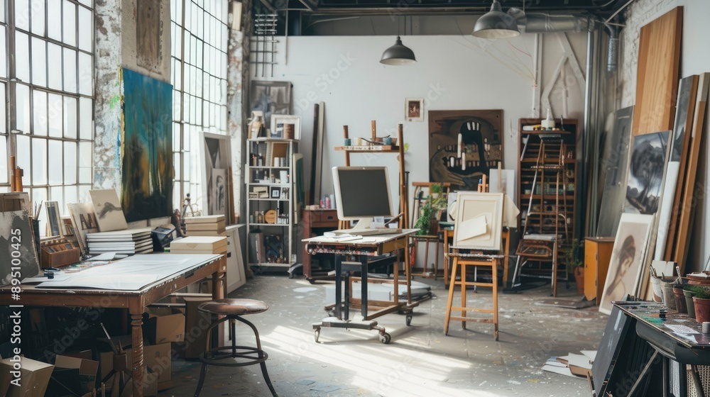 An artist's studio with a mix of vintage furniture and modern art supplies. An artist's studio with a mix of vintage furniture and modern art supplies.