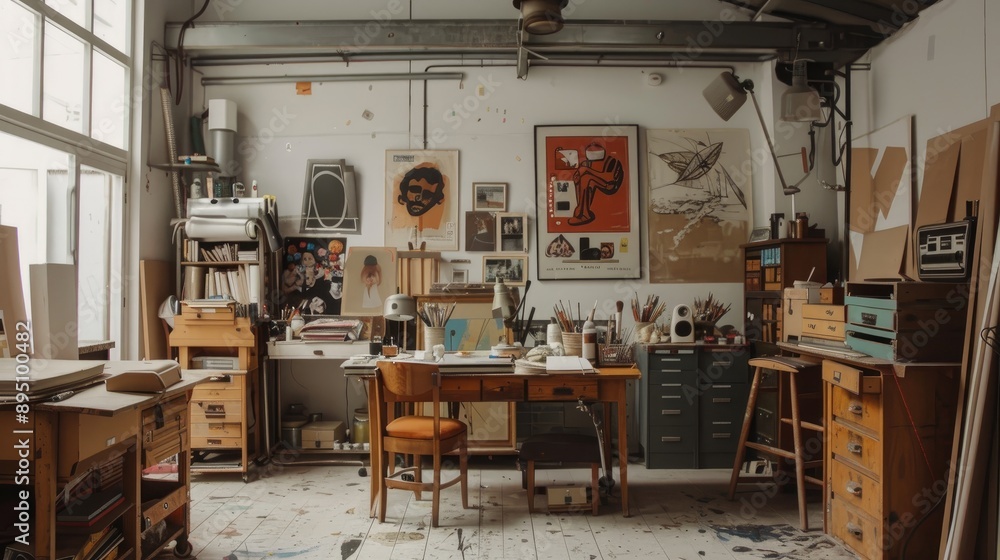 An artist's studio with a mix of vintage furniture and modern art supplies. An artist's studio with a mix of vintage furniture and modern art supplies.