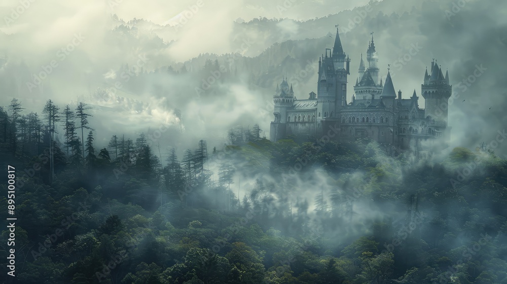 Enchanted castle surrounded by misty forests and rolling hills. Enchanted castle surrounded by misty forests and rolling hills.