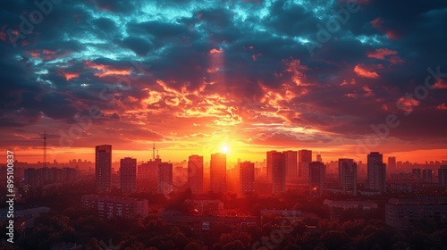 Cityscape at Sunset With Orange and Blue Clouds