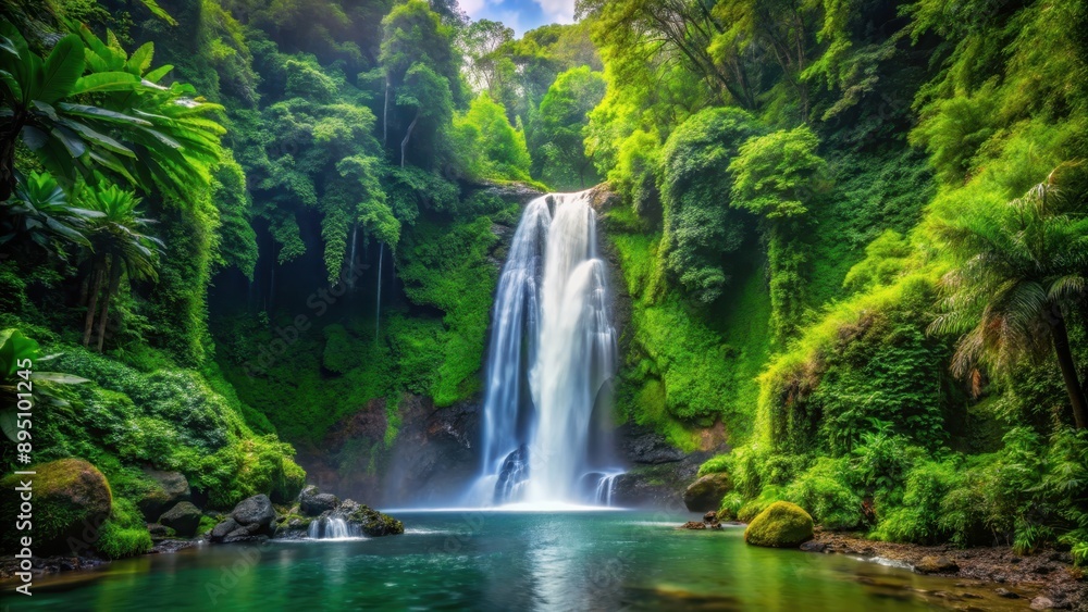 A picturesque waterfall surrounded by lush green jungle vegetation , jungle, waterfall, nature, tropical, scenery A picturesque waterfall surrounded by lush green jungle vegetation , jungle, waterfall, nature, tropical, scenery